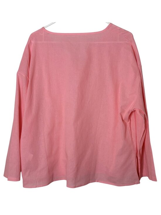 Women's 100% Linen Button Front Blouse Pink V Neck 3/4 Sleeve Relaxed Fit Large - Picture 3 of 5